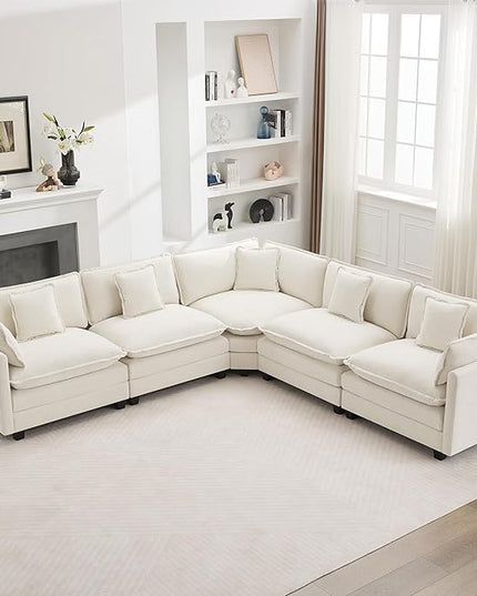 137'' V Shaped Cloud Sectional Sofa, Oversized Deep Seat Couches for Living Room, Chenille Comfy Upholstered Modular Sectional Sofa Couch, Beige