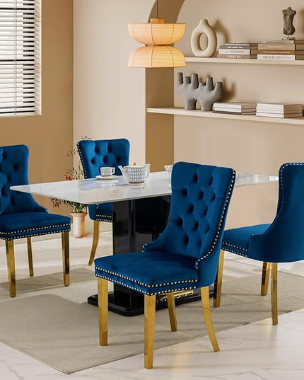 SoarFlash Velvet Dining Chairs Set of 4, Tall Back Side Chair, Modern Upholstered Side Chair with Button Back Ring, Gold Plated Stainless Steel Legs (Blue)