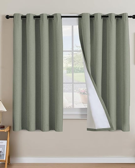 H.VERSAILTEX Linen Curtains 100% Blackout Curtains for Bedroom 63 inch Long Full Light Blocking Nature Linen Blended Window Curtains for Living Room Nickel Grommet (2 Panels, Heathered Dried Sage)