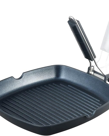 SKITCHN Nonstick Grill Pan With Folding Handle - Induction Compatible KBBQ Pan for Stove Tops, Indoor Square BBQ Grilling With Pour Spouts - 11 in
