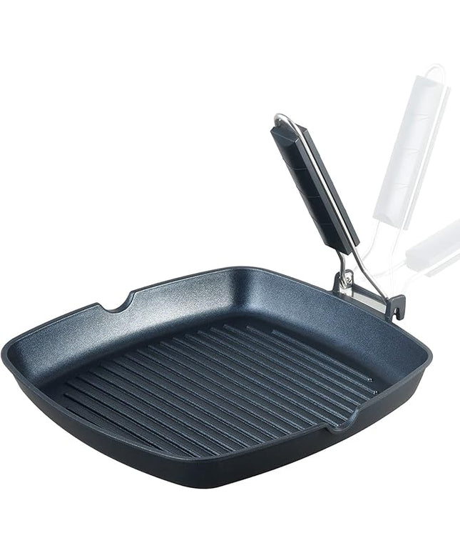 SKITCHN Nonstick Grill Pan With Folding Handle - Induction Compatible KBBQ Pan for Stove Tops, Indoor Square BBQ Grilling With Pour Spouts - 11 in