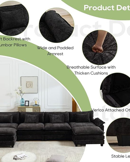 154" Modular Sectional Sofa, Comfy Cloud Couch Sectional Sofa with Ottoman, Chenille Sofa Sleeper Deep Seat Sofa with Throw Pillows for Living Room (Black, 154"- U Shape)