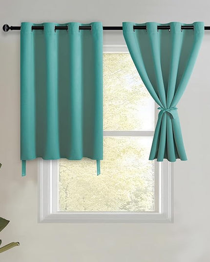JIUZHEN Short Curtains Kitchen Half Window Blackout Curtains with Tiebacks for Baseroom Shadows, Grommet Curtains for Living Room, Set of 2 Window Curtain Panels, 52 x 30 Inch Length，Turquoise