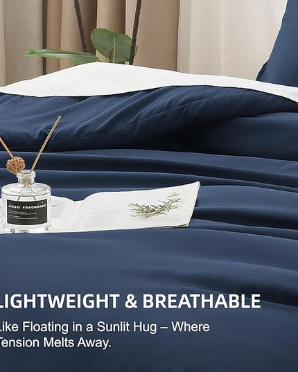 Litanika Navy Blue Comforter Set Queen Size, 3 Pieces Lightweight Solid Bedding Comforter Set, All Season Fluffy Bed Set (90x90In Comforter & 2 Pillowcases)