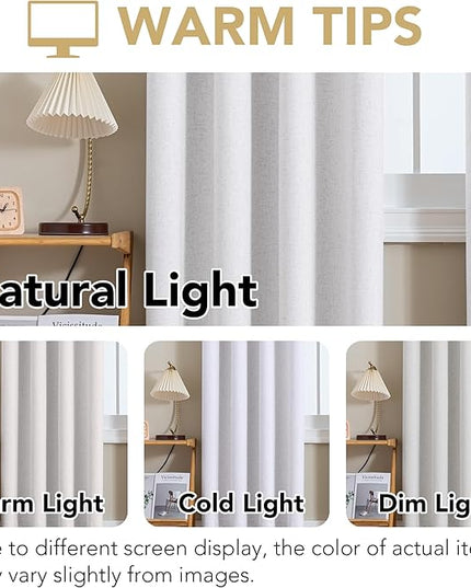 H.VERSAILTEX Linen Curtains 100% Blackout Curtains for Bedroom 84 inch Long Full Light Blocking Nature Linen Blended Window Curtains for Living Room Nickel Grommet (2 Panels, Heathered White)