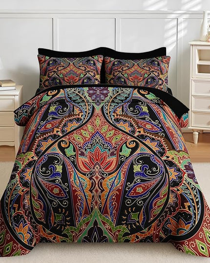 Nesker 7 Pcs Comforter Set Full Size, Paisley Boho Plant Bedding Set for Kids and Adults, Bohemian Retro Floral Bed Sheet Sets with Fitted Sheet 2 Pillowcases & 2 Shams