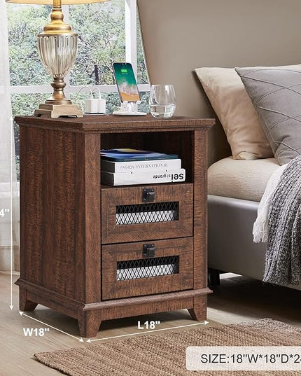 Nightstand with Charging Station,OKD 18'' Industrial & Farmhouse End Table with 2 Drawers &Open Cubby, Rustic Mesh Drawer Sofa Side Table w/Storage for Bedroom, Living Room, Office, Reclaimed Barnwood