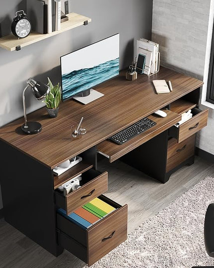 Bestier 59” Computer Desk with 4 Drawers, Office Desk with Storage, Industrial Executive Desk with File Drawer, Keyboard Tray & 2 Pedestals for Home Office & Studio, Cherry