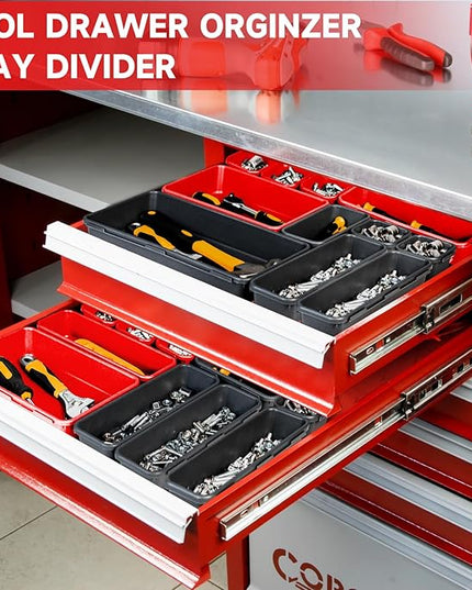 Tool Box Organizer Tray, Toolbox Desk Drawer Organizer, Tool Box Tray, Toolbox Organization Storage for Rolling Tool Chest (60PCS (Black+Red))