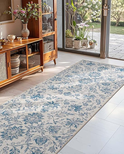 jinchan Torino Runner Rugs 3x8, Vintage-Inspired Floral Design Machine Washable Non-Slip Ultra-Thin Low-Pile Rubber Backing Traditional Rug for Kitchen Hallway Laundry Room Entryway Dark Blue