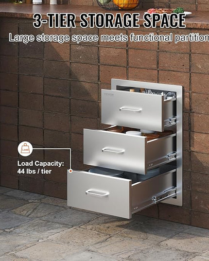 VEVOR Outdoor Kitchen Drawer Cabinets 16" W x 21.5" H x 18" D, BBQ Drawer Stainless Steel, Flush Mount Triple Access, with Handle, BBQ Island, Outdoor Grill Patio Grill Station