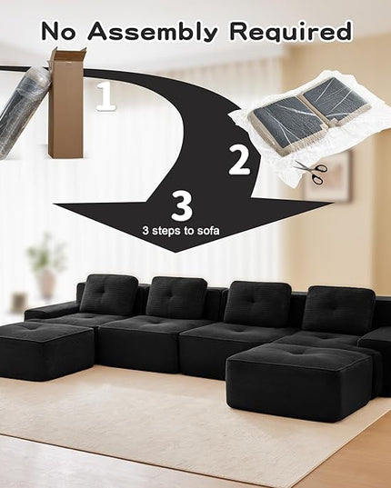 Hommoo 153" Oversized Sectional Sofa, Modular U Shaped Couch with Ottoman, Comfy Corduroy Couches with Deep Seat, 6 Seat Convertible Boneless Sofa for Living Room No Assembly Required Black
