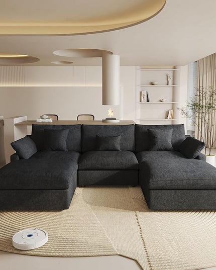 Cloud Couch Modular Sectional Sofa,119.29" U Shaped Couch, Oversized Down Filled Convertible Wide Seater,3 Seater with 2 Ottomans for Living Room Set, Covers Washable&,Black