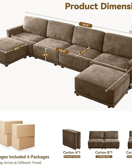 143.8" Modular Sectional Sofa Modern Chenille U Shaped Couch with Thickened Seat Cushions, Easy Assembly, Upholstered 6 Seater Couch with 2 Movable Ottomans for Living Room, Brown
