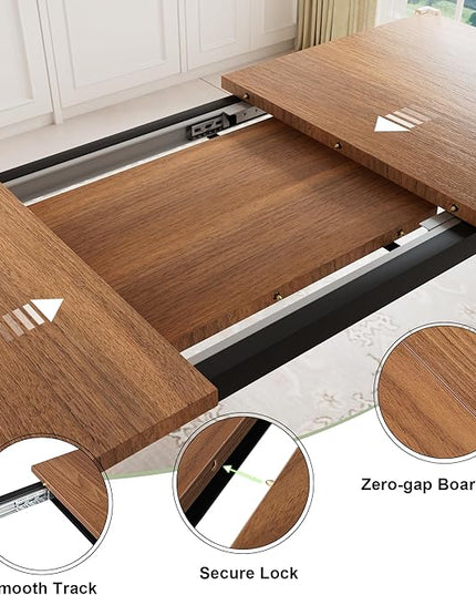 Feonase 7-Piece Dining Table Set with 6 Stools, 63" Large Extendable Kitchen Table Set for 4-8, Mid-Century Dining Room Table with Heavy-Duty Frame & MDF Board, Easy Assembly, Walnut