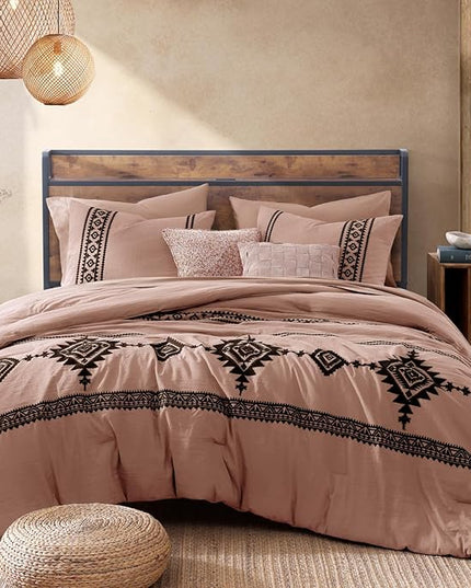 MaiRêve Embroidery Comforter Set, Boho Farmhouse Western Bedding Set, All Season Bed in A Bag Comforter Set with Sheets, Pillowcases & Shams, Dusty Pink King 7 Pieces