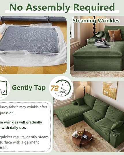 107" Cloud Couch Modular Sectional Sofa for Living Room, L-Shape Boneless Couch with Deep Seat, Modern Corduroy 3-Seater, No Assembly Required (Green,Left-Facing Chaise)
