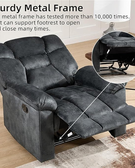 CANMOV Manual Recliner Single Sofa, Wall-Hugger Reclining Couch, Upholstered Sofa Chair with Armrests, Fabric Reclining Couch with Soft Cushion for Living Room, Grey