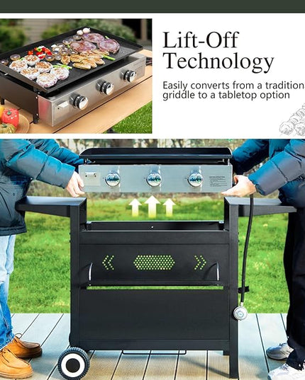 Sophia & William 28-Inch Flat Top Grill with Ceramic Coated Cast Iron Griddle, 3-Burner Propane Gas BBQ Griddle, Portable Outdoor Barbecue Grill,33,000 BTU,Black