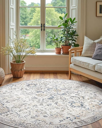 jinchan Kalen Round Rug 7ft Area Rug Washable Vintage Indoor Retro Floor Cover Distressed Floral 7' Round Circle Boho Non Slip Thin Carpet for Living Room Dining Room Bedroom Kitchen Blue