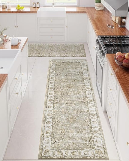 jinchan Fiora Runner Rug 3x8-2pcs Kitchen Washable Vintage Hallway Rug Floral Print Floor Cover Indoor Thin Retro Mat Accent for Bathroom Laundry Room Bedroom Office Farmhouse (Double, Taupe)
