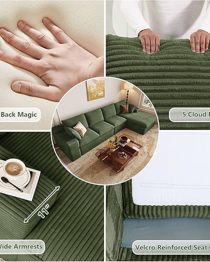 107" Cloud Couch Modular Sectional Sofa for Living Room, L-Shape Boneless Couch with Deep Seat, Modern Corduroy 3-Seater, No Assembly Required (Green,Left-Facing Chaise)