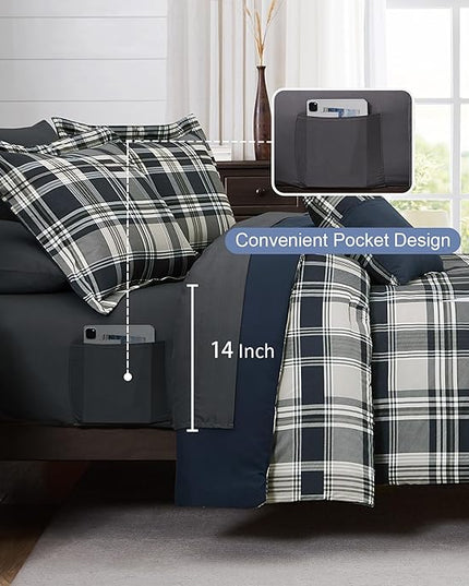 MaiRêve Full Size Comforter Set Navy Blue, Plaid Design Comforter Set 7 Pieces, All Season Comfortable Bedding Sets Full, Lightweight, Soft and Warm (Navy Blue, Full)