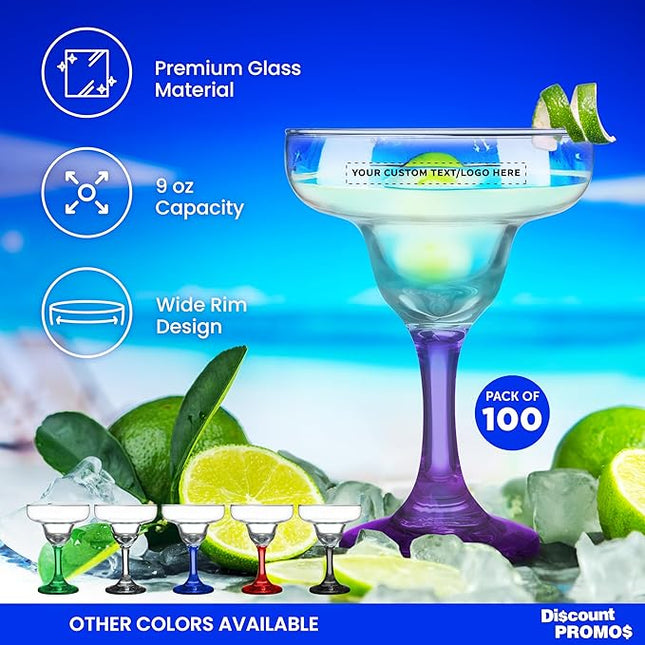DISCOUNT PROMOS 100 Margarita Glasses Set, 9 oz. - Personalized Text, Logo - Classic, Smooth, Barware, Glassware - Purple