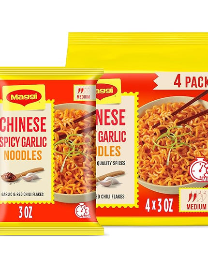 Maggi Chinese Spicy Garlic Noodles, Instant Ramen Noodles, 3 min, Vegetarian, Halal, Kosher, 4-Pack