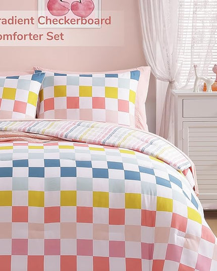 Full Size Comforter Set for Girls-7 Pieces Colorful Check Full Bedding Sets for Kids, Ultra Soft Bed in A Bag with Sheets