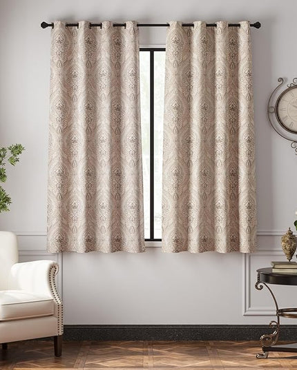 jinchan Linen Textured Curtains for Living Room Darkening 72 Inch Length, Medallion Drapes for Bedroom, Damask Pattern Window Treatments Vintage Curtain Panels, 2 Panels Taupe on Greige