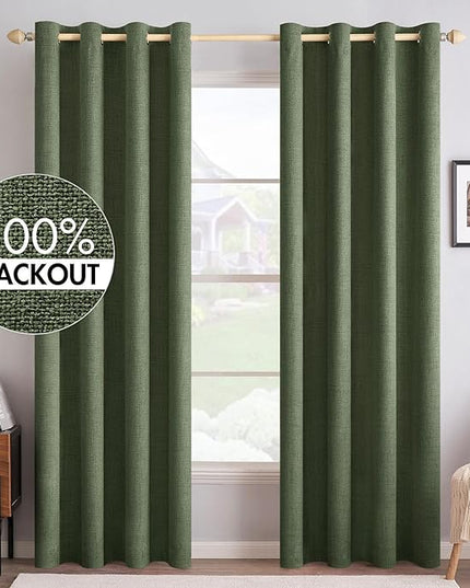MIULEE 100% Blackout Linen Textured Curtains for Bedroom Solid Thermal Insulated Olive Green Grommet Room Darkening Curtains & Drapes Luxury Decor for Living Room Nursery 52 x 84 Inch (2 Panels)