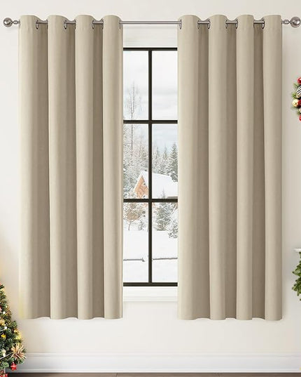 ChrisDowa 100% Blackout Natural Solid Solid Curtains 63 Inches Long 2 Panels for Bedroom Living Room,Farmhouse Room Darkening Thermal Insulated Soundproof Grommet Top Window Treatment Drapes,52x63