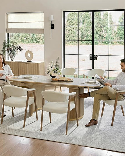 Modern Extendable Dining Table, Light Oak Wood, Mid-Century Design with Hidden Extension Board, Fluted Double Column Base, Rounded Corners, for Kitchen, Living Room