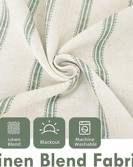 DriftAway Farmhouse Linen Blend Blackout Curtains 90 Inches Long for Bedroom Vertical Striped Printed Linen Curtains Thermal Insulated Lined Treatments for Living Room 2 Panels W52 x L90 Loden Green