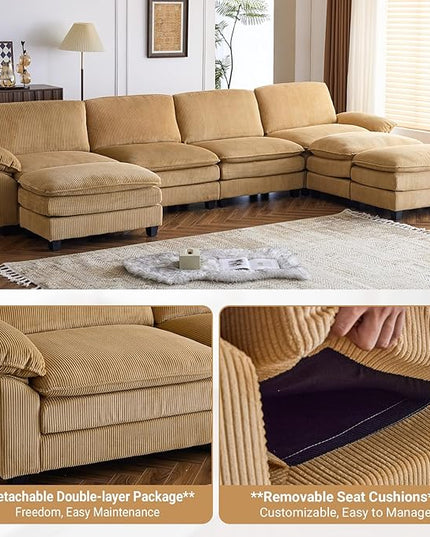 VINGLI 156" Cloud Corduroy Sectional Sofa, Comfy L-Shaped Extra Deep Seat Sofa Couch for Living Room,Modern 4-Seat Convertible Loveseat Sofa with Three Ottomans for Small Space(Khaki)