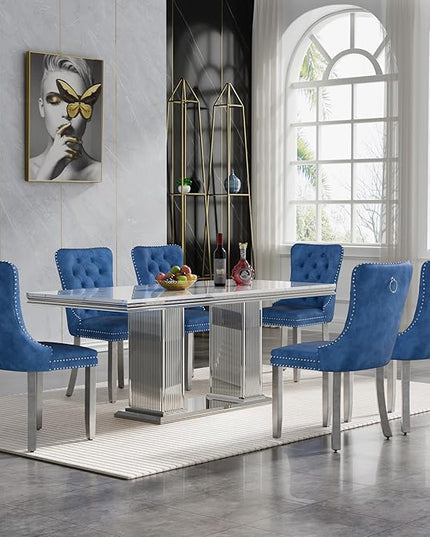 HomVent 68.11'' Dining Table Set for 6, Modern Rectangle Table with Faux Marble Top & Stainless Steel Base (Silver with 6 Blue Chairs, 7 Pieces)