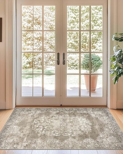 jinchan Washable Area Rug 3x5 Entryway - Soft Distressed Vintage Floral Indoor Bedroom Rug Faux Wool Low Pile Small Oriental Accent Carpet for Kitchen, Entrance, Bedside, Dining Room(Brown, 3'x5')