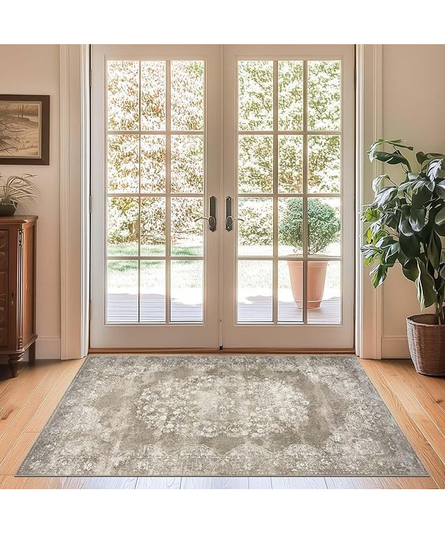 jinchan Washable Area Rug 3x5 Entryway - Soft Distressed Vintage Floral Indoor Bedroom Rug Faux Wool Low Pile Small Oriental Accent Carpet for Kitchen, Entrance, Bedside, Dining Room(Brown, 3'x5')