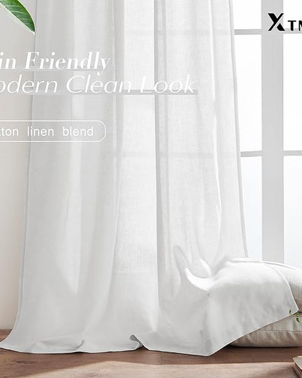 XTMYI 92 Inch Curtains Length 2 Panels Set,Back Tab Linen Sheer Window Curtains Living Room Bedroom,50x92 in Long,White