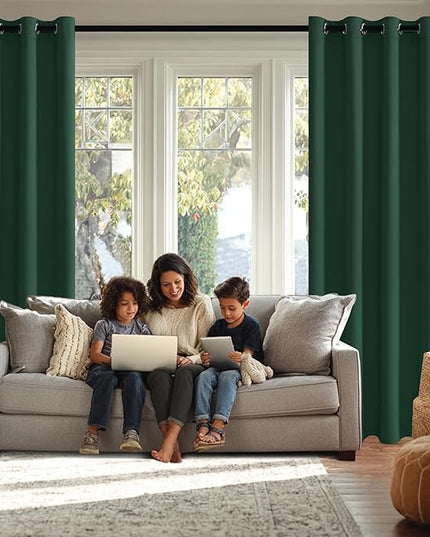 JIUZHEN Forest Green Blackout Curtains with Tiebacks, Light Blocking and Noise Reducing Grommet Curtains for Bedroom and Living Room, Set of 2 Window Curtain Panels, 38 x 45 Inch Length