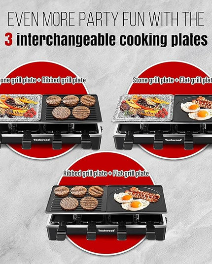 Raclette Grill, Techwood Electric Indoor Grill with 2 Reversible Non-stick Grill Griddle Plates, 1 Stone Grill Plate, 1500W Fast Heating with 8 Cheese Pans, Ideal for Parties and Family Fun, Black