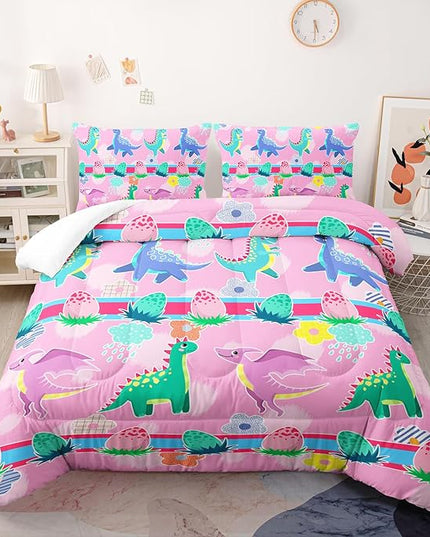 Kawaii Dinosaur Pink Comforter Set,Cartoon Cute Dino 3 Piece Bedding Set Twin for Girl Boy,Kawaii Bedding Quilt Set Dinosaur Decor,Soft Microfiber Lightweight 1 Comforter 2 Pillowcases All Season