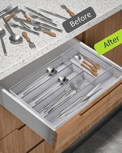 Neudeco Silverware Drawer Organizer Holder, Cutlery Tray Silverware Flatware Storage Divider for Kitchen, Bedroom, Living Room,Mesh Wire with Non-slip foam Feet, 5 Compoment（ Silver）