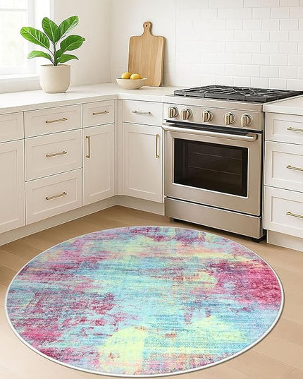 IOHOUZE Round Area Rug 5 Ft Circle Entryway Rugs Round Washable Door Mat Indoor Entrance, Non Slip Circle Front Door Rug, Printed Abstract Faux Wool Floor Carpet for Foyer Porch Sink, Pink Teal