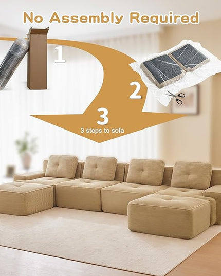 Hommoo 153" Oversized Sectional Sofa, Modular U Shaped Couch with Ottoman, Comfy Corduroy Couches with Deep Seat, 6 Seat Convertible Boneless Sofa for Living Room No Assembly Required Camel