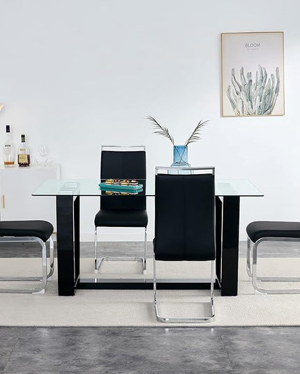 Ebullient Glass Dining Table Set for 4, Modern Dining Table Set for 4, Tempered Glass Tabletop with White MDF Trapezoid Legs, Rectangle Kitchen Table with 4 Faux Leather Chairs for Home Apartment