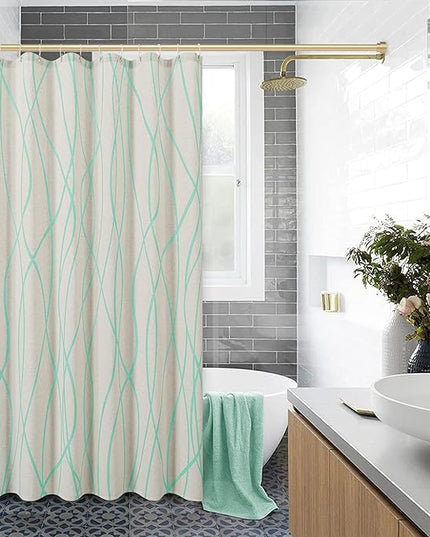 Mint Green Modern Farmhouse Linen Shower Curtain, Country Cottage Bathroom Decor Striped Minimal Boho Textured Linen Shower Curtain Set with Hooks, 72x72