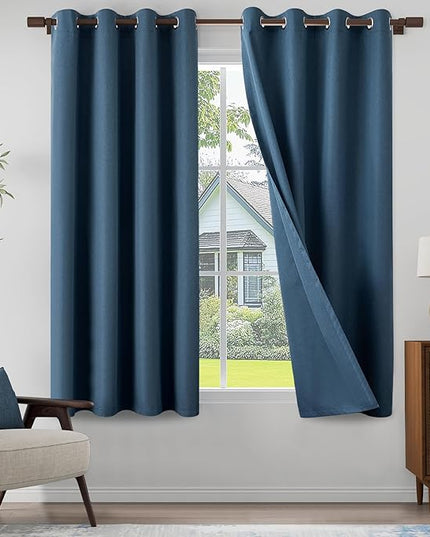 Dark Blue 100% Blackout Linen Textured Curtains for Living Room, Bedroom, Light Weight Curtains with Grommets Top, Full Blackout Curtains Privacy Protection, Dark Blue, 52" W x 72" L, 2 Panels