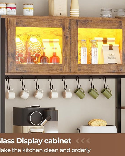 Itaar Bakers Rack with Power Outlet and LED Light, 45.3 Inch Farmhouse Coffee Bar Cabinet, Kitchen Microwave Stand with Storage, Glass Cabinet, Goblet Holder and 8 Hooks (Rustic Brown)